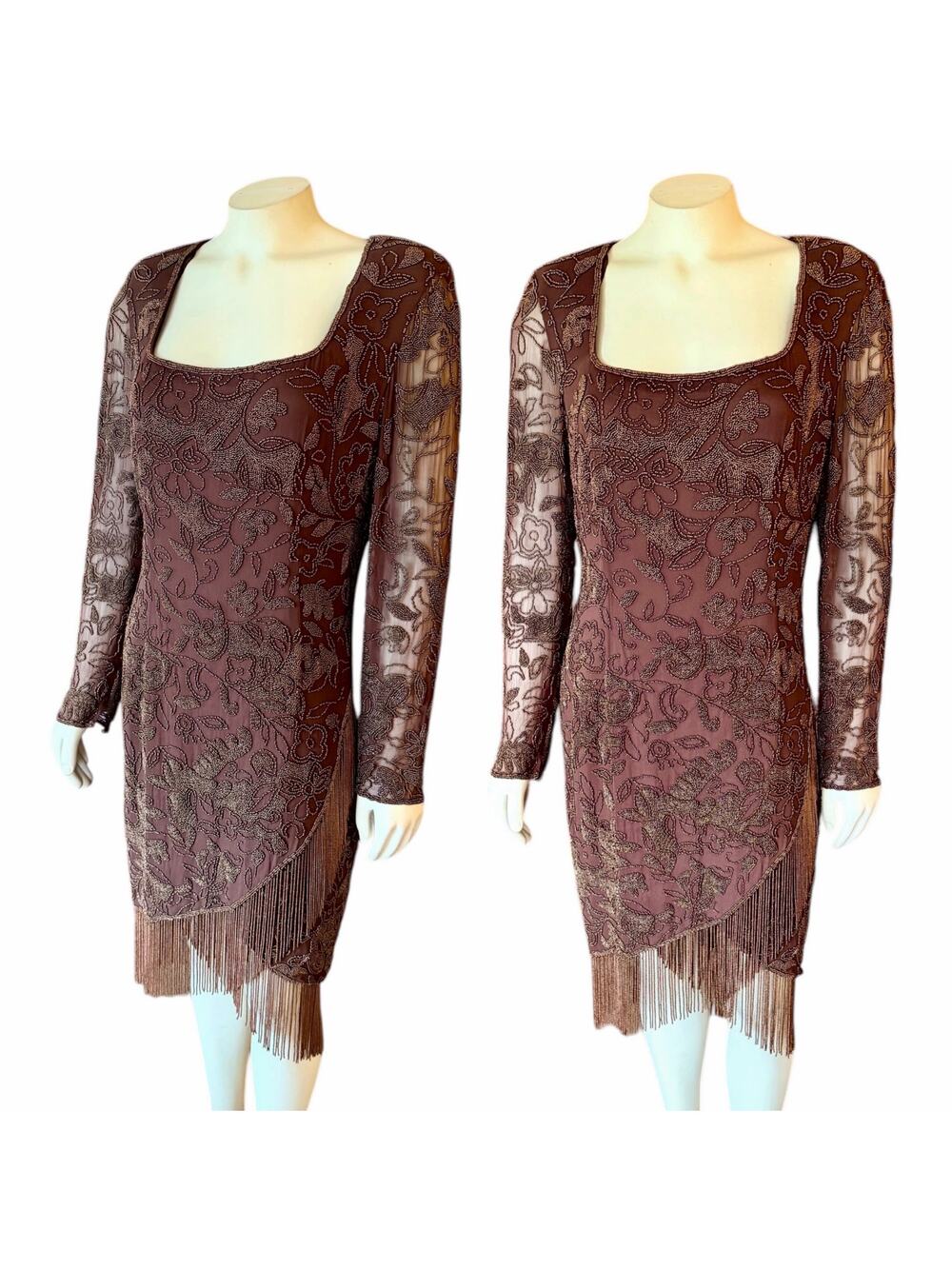 Oleg Cassini Silk Beaded Fringe Brown Long Sleeve Vintage Dress Sz 12